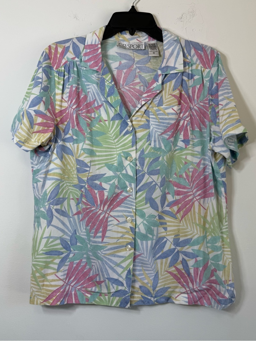 Vintage C.D. Sport Pastel Tropical Leaf Button Down Camp Shirt Size M